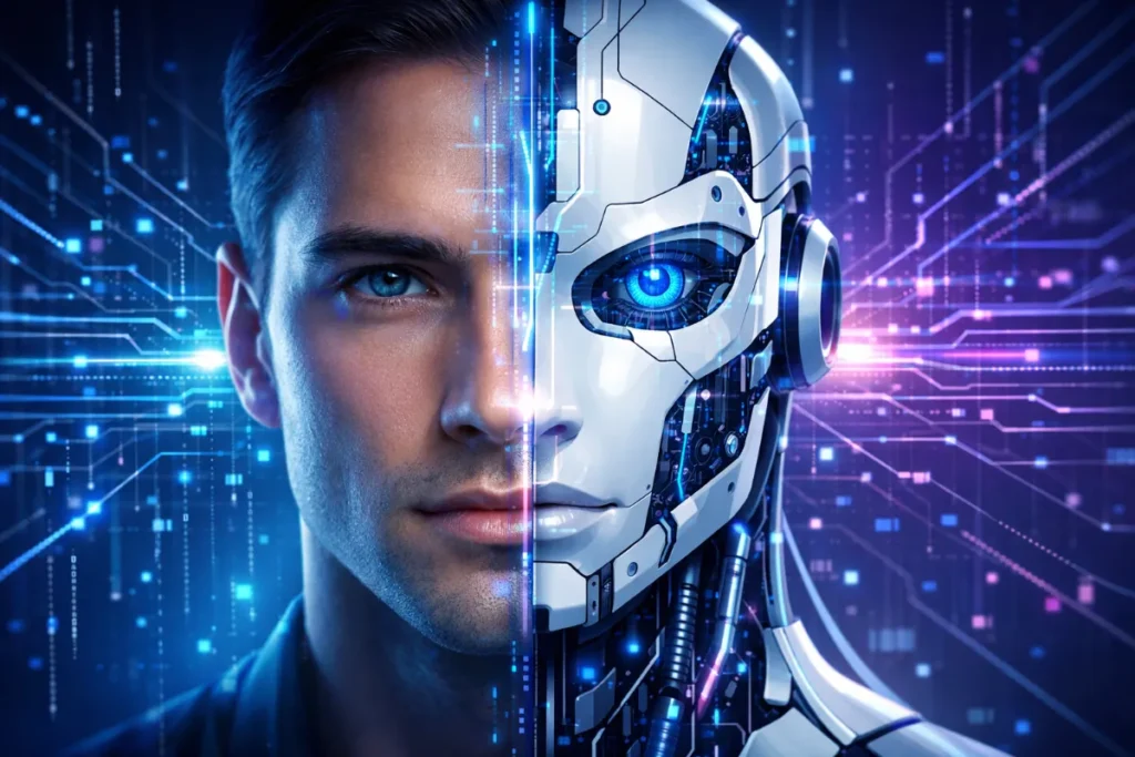 Artificial intelligence concept showing human and AI collaboration