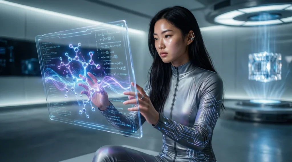 Quantum computing concept showing glowing qubits and futuristic quantum processor