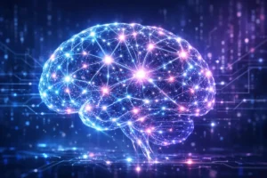 Neural network illustration showing artificial brain learning from data