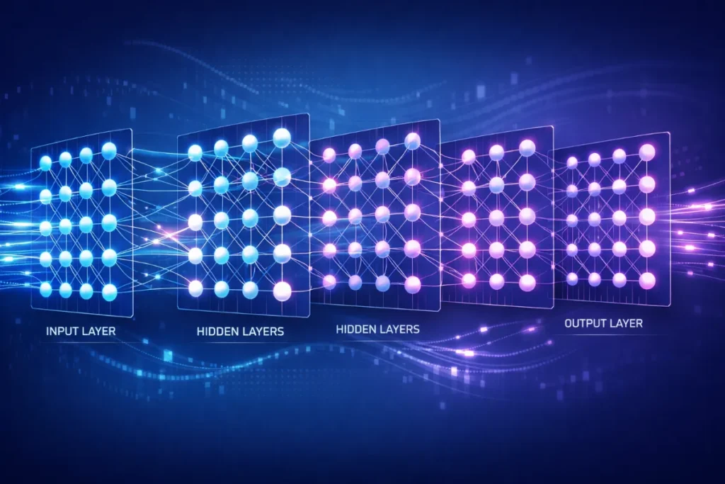 Deep learning explained using multi-layer neural networks processing data visually