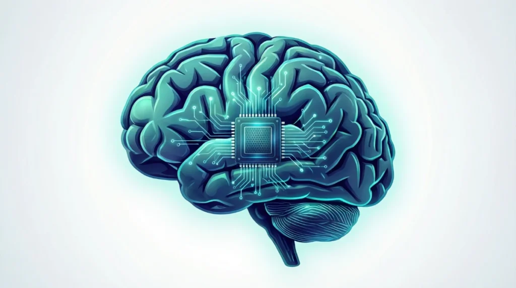 Artificial intelligence concept showing human brain and computer chip