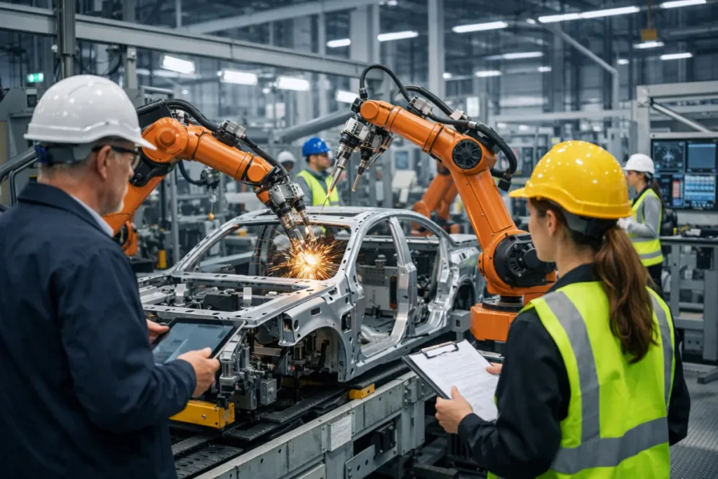 Industrial robots automating manufacturing and factory work