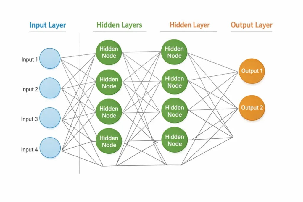 Diagram of neural network showing input layer, hidden layers, and output layer
