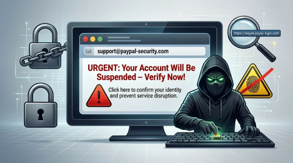 Phishing attack example showing fake emails and online scam warning