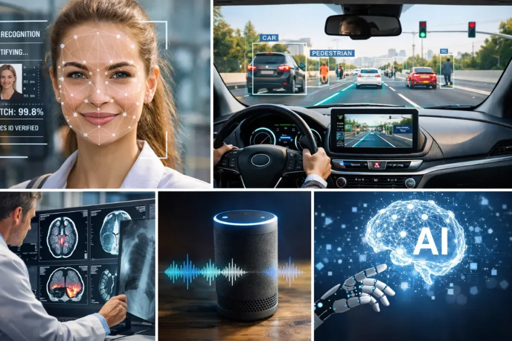 Real-world applications of deep learning including facial recognition and self-driving cars