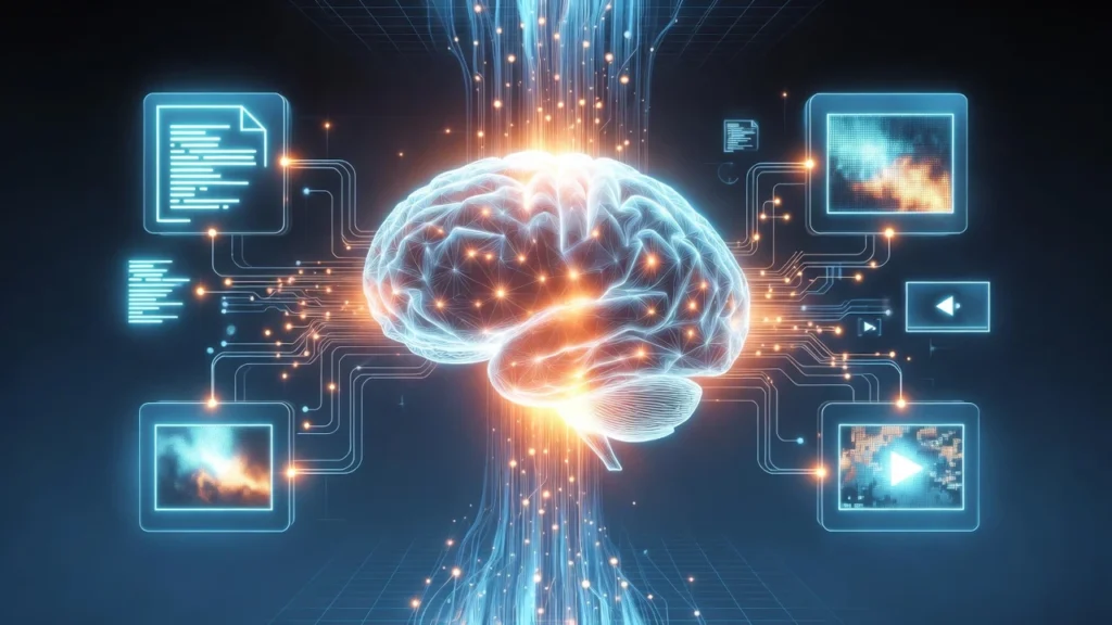 Generative AI creating text images and videos from digital neural network