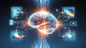 Generative AI creating text images and videos from digital neural network