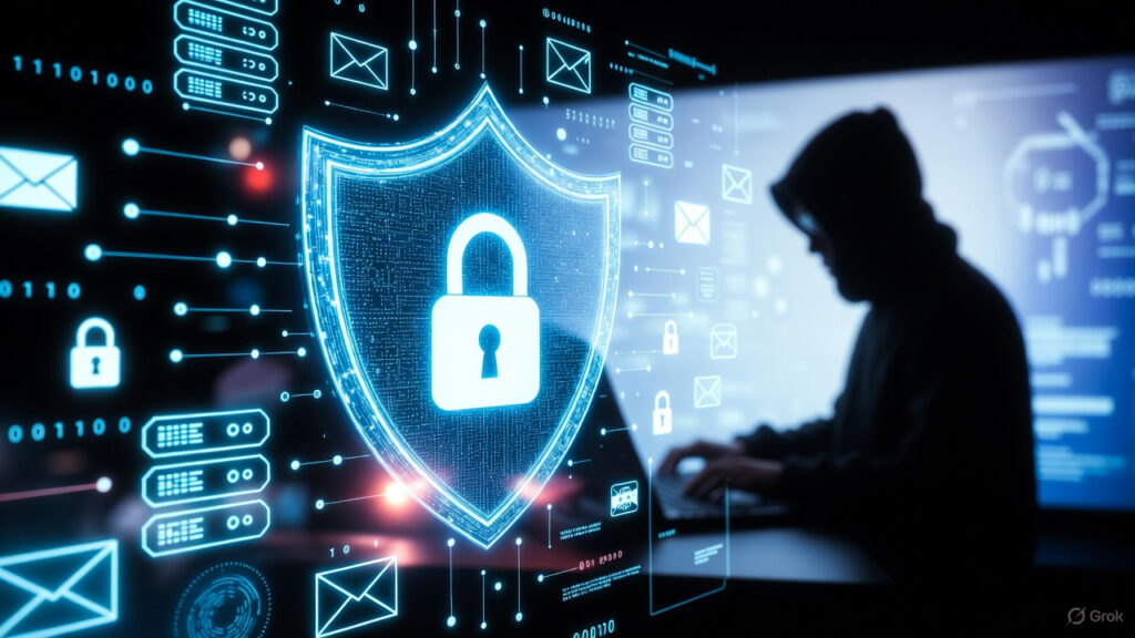 Cybersecurity shield protecting digital data from online threats