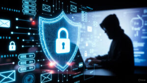 Cybersecurity shield protecting digital data from online threats
