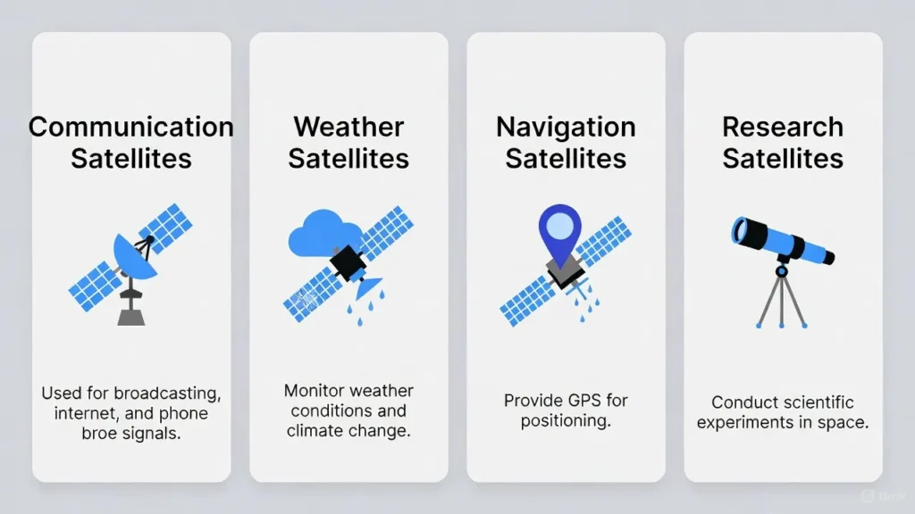 Types of satellites used for communication, navigation, and weather monitoring