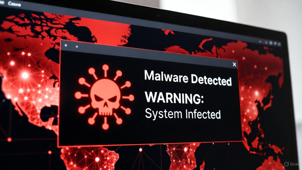 Malware infection warning on computer screen
