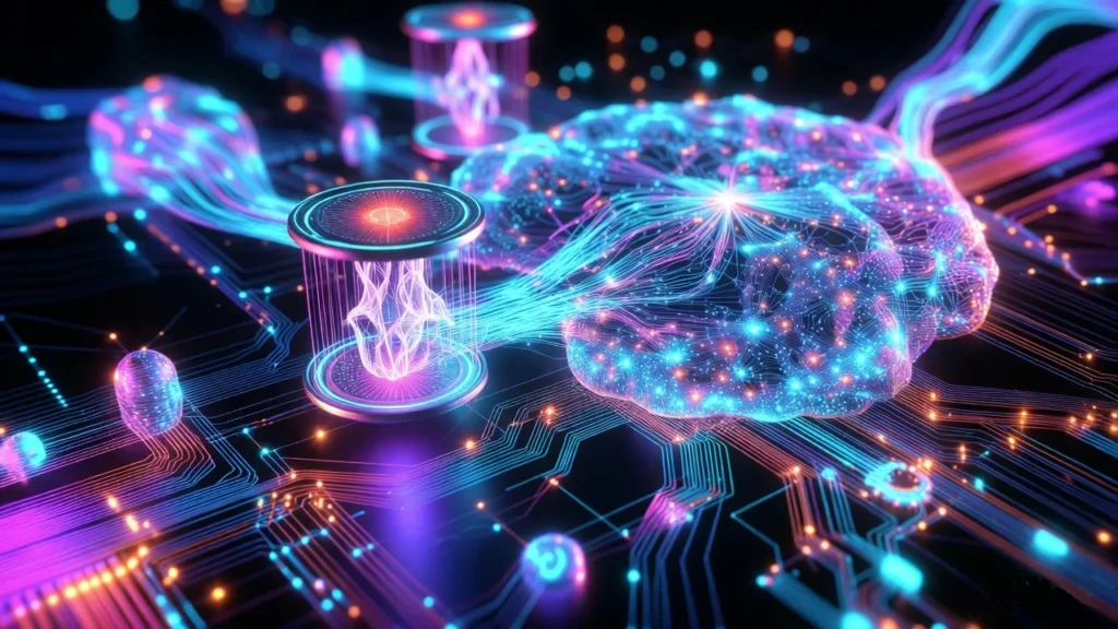 Quantum machine learning concept with qubits and neural network