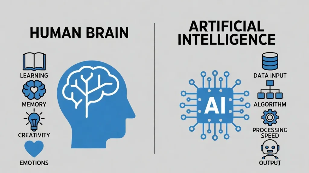 artificial intelligence vs human intelligence comparison diagram with learning and decision making
